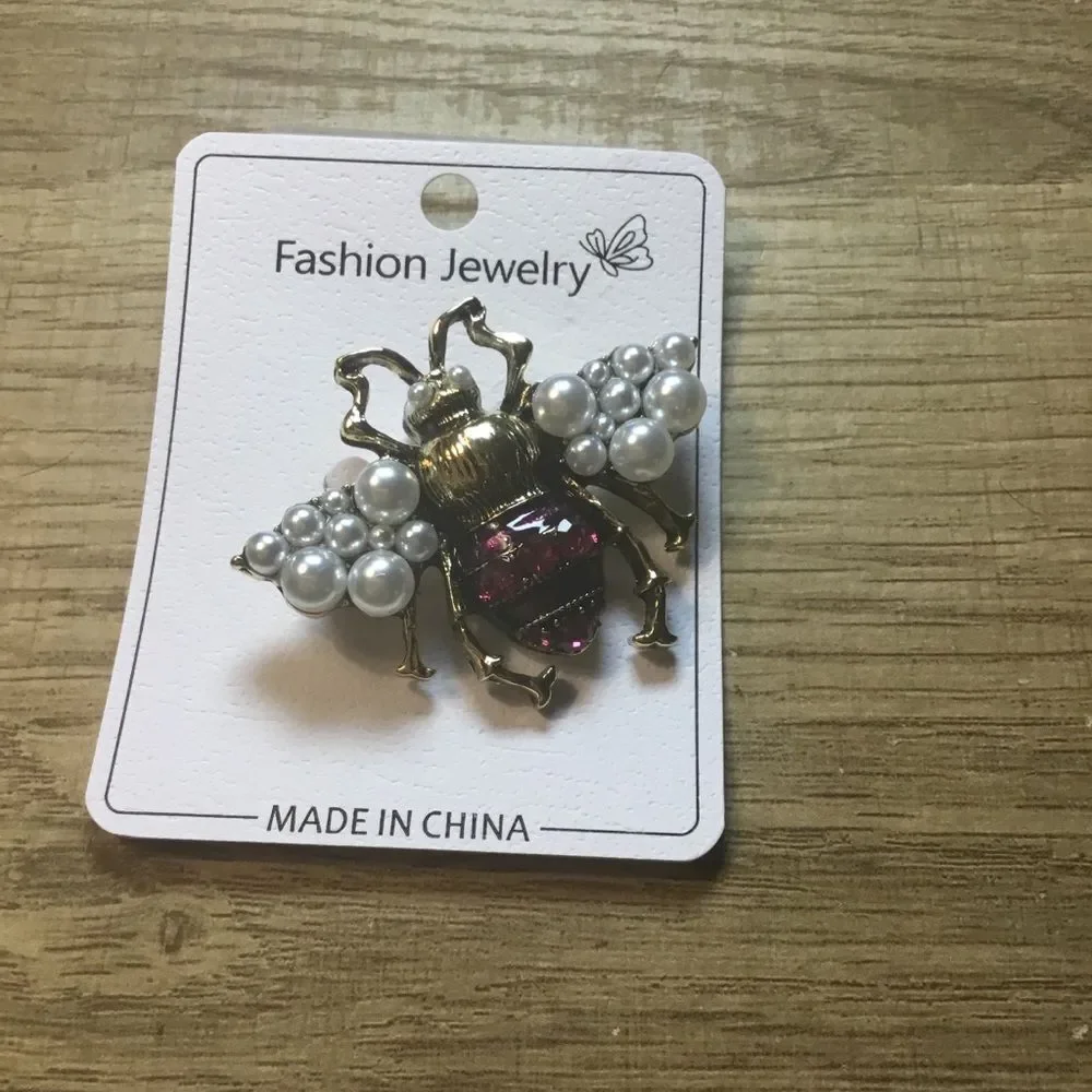 Gold Bee Brooch with White Pearls and Red Crystal Rhinestones